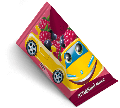 Треугольная упаковка сока со вкусом ягодный микс торговой марки “Сады Кубани” “Деткам” с машинкой