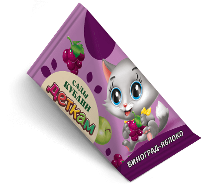 Треугольная упаковка сока со вкусом виноград-яблоко торговой марки “Сады Кубани” “Деткам” с котенком