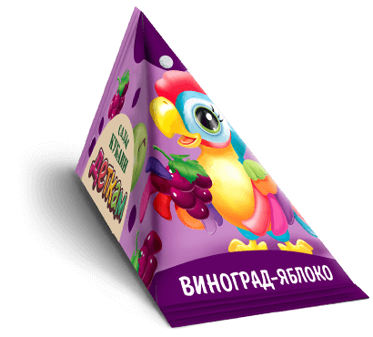 Треугольная упаковка сока со вкусом виноград-яблоко торговой марки “Сады Кубани” “Деткам” с попугаем