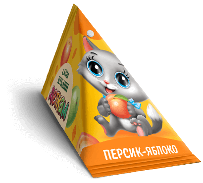 Треугольная упаковка сока со вкусом персик-яблоко торговой марки “Сады Кубани” “Деткам” с котенком