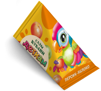 Треугольная упаковка сока со вкусом персик-яблоко торговой марки “Сады Кубани” “Деткам” с попугаем