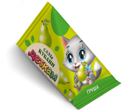 Треугольная упаковка сока со вкусом груши торговой марки “Сады Кубани” “Деткам” с котеном